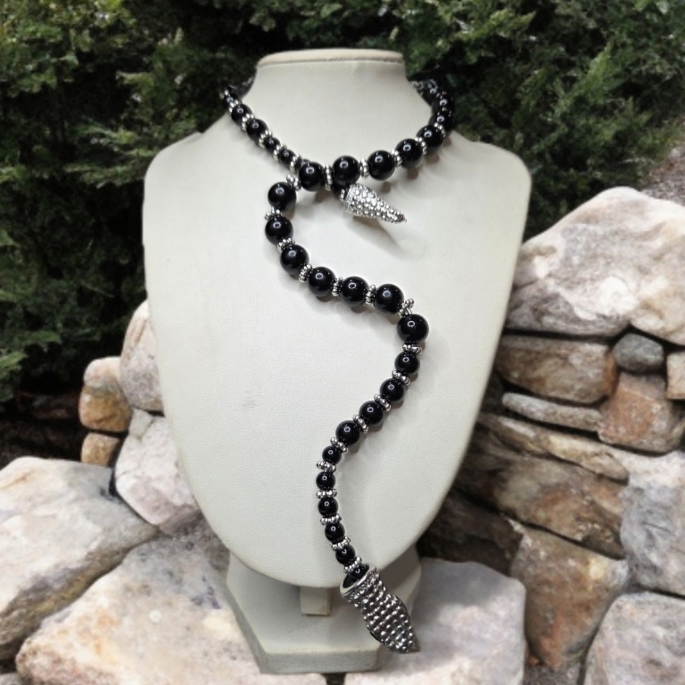 Sculptural Onyx Beaded Snake Serpent Statement Necklace - Picture 2 of 5
